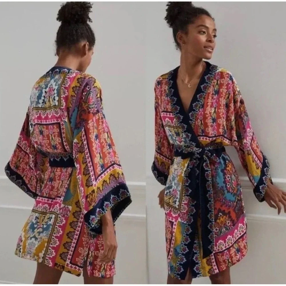 Anthropologie Zadie Velvet Robe Women's XS/S Lounge Kimono Patchwork Boho - Picture 2 of 10